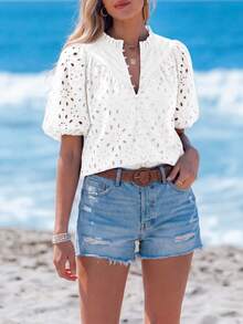 Women's Summer Clothes Tops Fashion Casual Short Sleeve V Neck Buttons Hollow Eyelet Lace Embroidered Blouses Shirts Festival  Beach Vacation White Outfits Women Tops For Women - 白色 - 查看 5