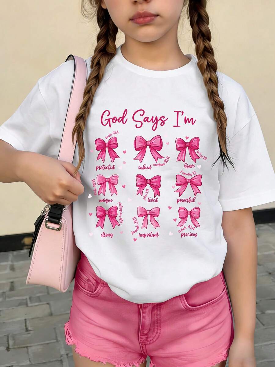 女童可爱蝴蝶结字母“GOD SAYS I'M”印花圆领短袖T恤，夏季款 - 白色 - 查看 1