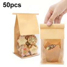 50pcs Cookie Bags With Window And Tin Clasp Closure, Suitable For Muffins, Snacks, Brownies, Candies, Oatmeal, Kitchen Preservation Products, Home Storage, Home Decor - Brown - View 8