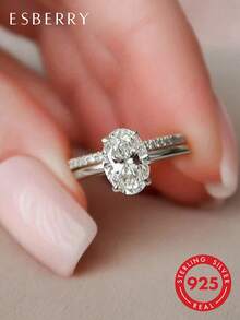 ESBERRY 2枚S925纯银闪亮莫桑石订婚戒指、结婚戒指、可叠戴戒指、承诺戒指、永恒戒指、情人节奢华珠宝礼物 - 光面單鑽套戒 - 查看 1