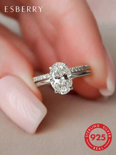 ESBERRY 2pcs S925 Sterling Silver Shiny Engagement Moissanite Ring, Wedding Ring, Stackable Ring, Promise Ring, Eternity Ring, Luxury Jewelry Gift For Valentine's Day