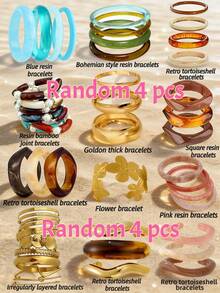 Random 12/7/4/3/1 Pcs Vintage Elegant Bohemian Summer Holiday Minimalist Basic Bracelet Set, Colorful Bamboo Knot, Tie Dye Resin, Golden Geometric Irregular, Carved Flower Cuff Bracelets, Suitable For Women Daily, Beach, Party, Y2K Cute Jewelry Gift - Multicolor - View 7