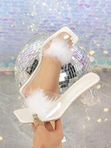 Women's White High Heel Sandals, Thick Heel Transparent Glass Heel Slippers With Fluffy Fur Decor, Block Heel Transparent Glass Jelly Slides, Beach Slippers - White - View 1