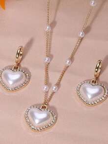 Set de 3 piezas de joyería con forma de corazón completamente cubierta de strass y perlas falsas - Multicolor - Ver 4