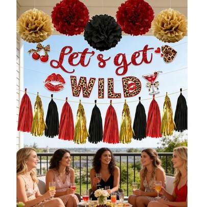 24pcs/Set Let's Get Wild Leopard Print Party Decorations Set, Red Black Gold Paper& Tassel Garland, Glitter Banner With Lips & Cocktail Cutouts, Bachelorette, Birthday, Wild West Themed Party Supplies