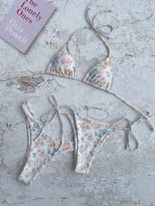 女士夏季休闲蓝棕条纹印花吊带两件式泳衣套装，带系带，包含多功能沙滩裤，三件套时尚泳装套装 - 彩色 - 查看 2