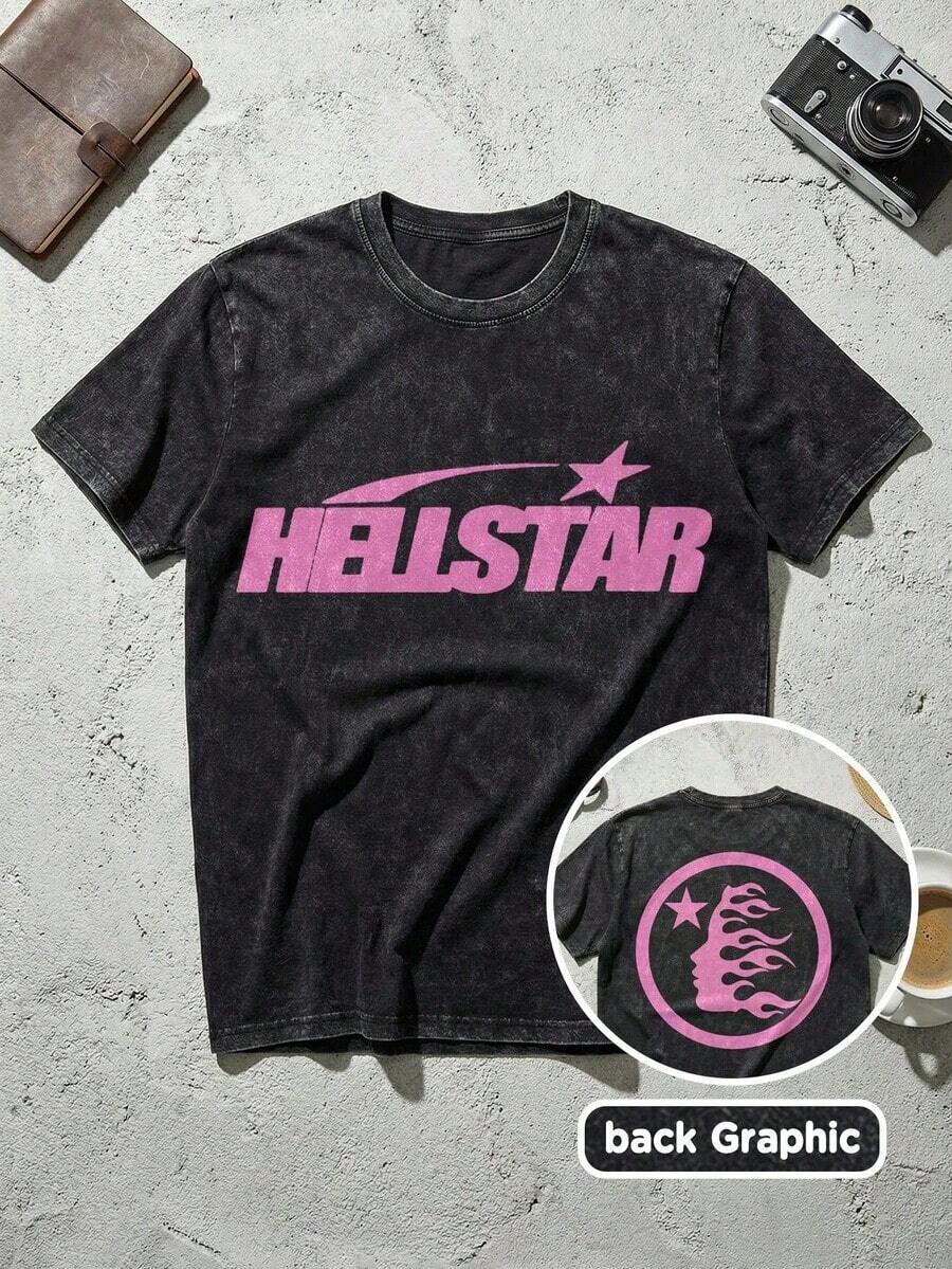 Pink Shooting Star Logo Graphic Tee Unisex Couple Matching Boyfriend Style Hell Star Double Sided Print Y2K Grunge Flame Face Acid Washed Cotton Graphic Tees Men Oversized T Shirt Summer Fits Camisetas Para Hombresummer Outfits For Womengraphic Tees - Black 5 - View 1