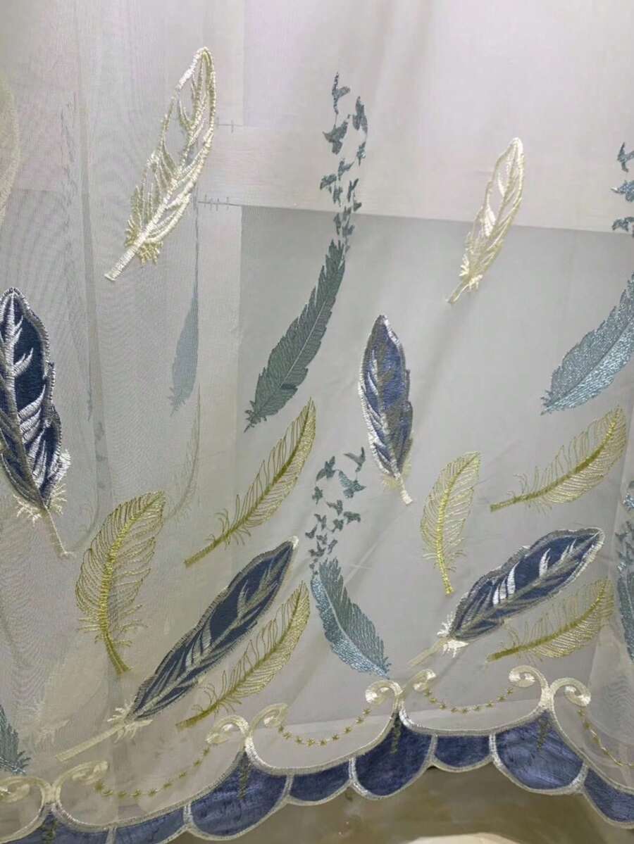 1件装奢华羽毛刺绣薄纱窗帘,带流苏饰边,半透明扇形边窗帘,适用于客厅、卧室、阳台,ins风格装饰 - 彩色 - 查看 1