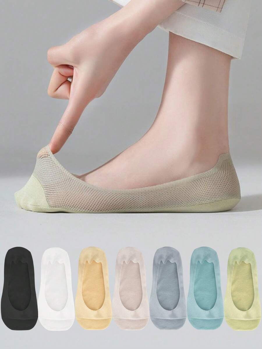 chuanwa（2） 1/5/10 Pairs Of Summer Breathable Mesh Women's Cool Feeling Without Falling Off With Solid Color Boat Socks