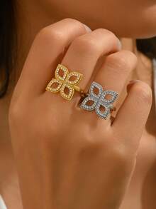1pc Commuting Style Plated Gold Four-Leaf Flower Zirconia Hollow Design Ring, Women's Party Wedding Date Accessory - Multicolor - View 1