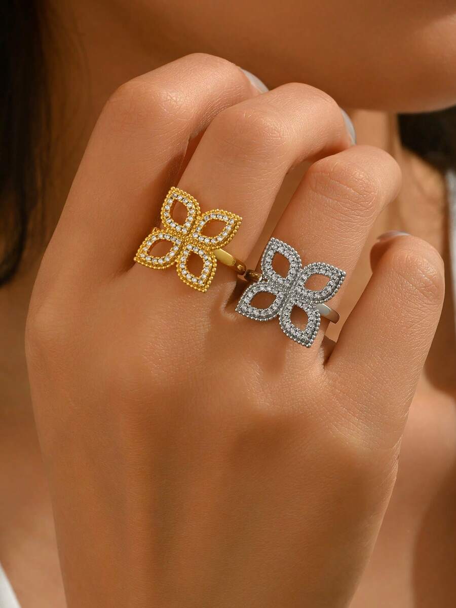 1pc Commuting Style Plated Gold Four-Leaf Flower Zirconia Hollow Design Ring, Women's Party Wedding Date Accessory - Multicolor - View 1