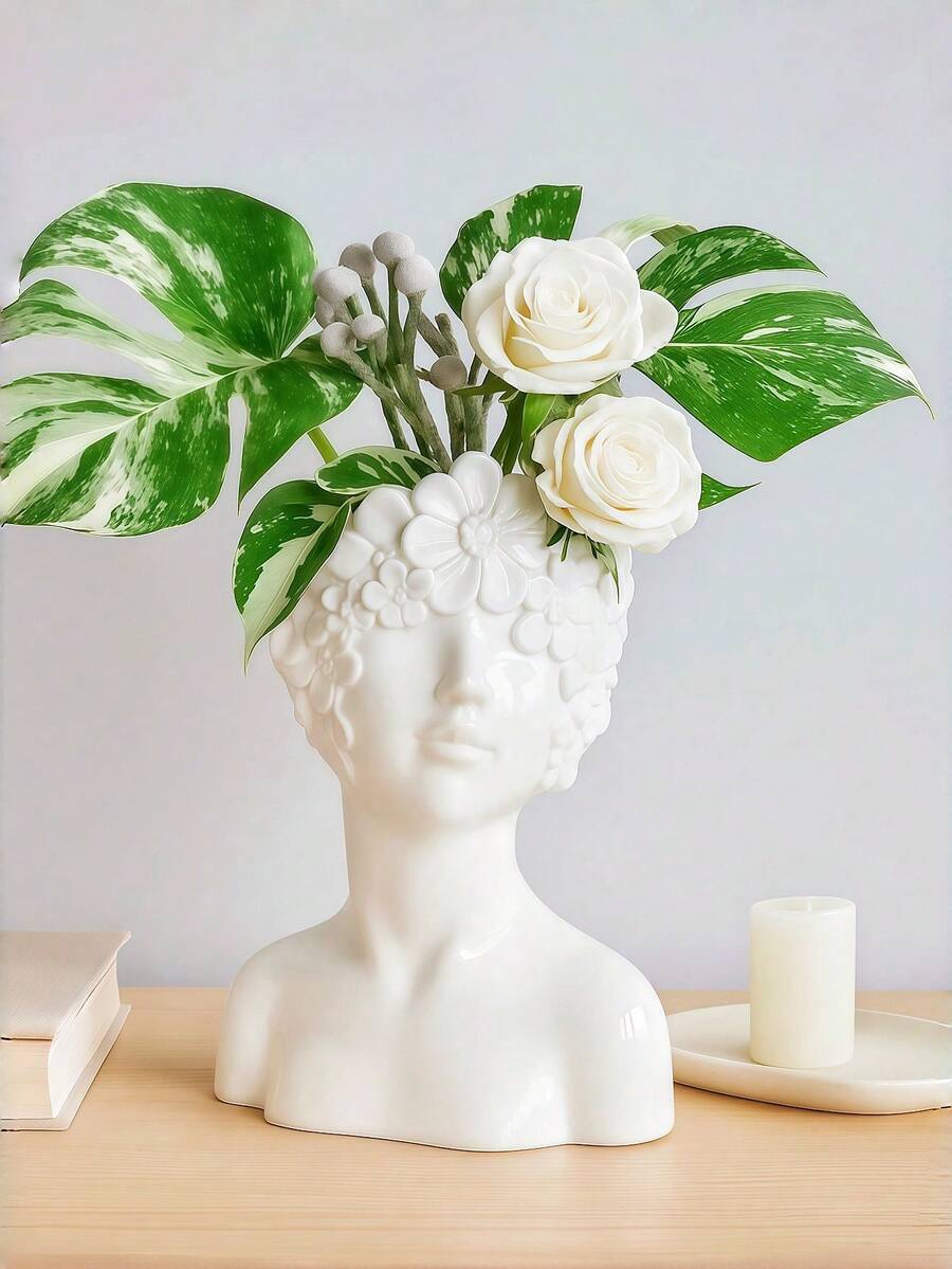 1 Stück nordischer Stil kreativer Menschenvase, weiße minimalistische Heimdekoration, die europäische Luxus-High-End-Ästhetik ausstrahlt - Französisches Blütenblattgesicht - Übersicht 1