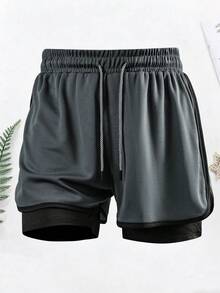 1 chiếc quần short thể thao nam 2 trong 1 mùa hè, chất liệu vải lưới, quần short chạy bộ, thích hợp cho tập luyện tại phòng gym và chạy bộ ngoài trời. - Màu xám đen - Xem 3