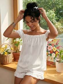 Women Satin Pajama Set Flutter Sleeve Tops And Drawstring Ruffled Shorts 2 Piece Sleepwear Outfit - Ivory White - View 3