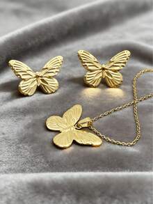3 pezzi Set di collana e orecchini a perno da donna alla moda in oro 18K. Caratterizzato da conchiglie, foglie, farfalle e cuori. Eleganti orecchini e collana da donna. Adatto per uso quotidiano, vacanze al mare, Pasqua e regalo per la Festa della Mamma. - Dorato - Visualizzare 5