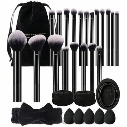 Bộ dụng cụ trang điểm 30 món bao gồm: Bộ 20 cọ trang điểm + 5 bông mút trang điểm + 2 dây đeo bát đựng phấn + 1 băng đô cài tóc + 1 dụng cụ vệ sinh cọ trang điểm + 1 túi đựng mỹ phẩm và đồ dùng cá nhân đa năng có khóa kéo chống thấm nước.