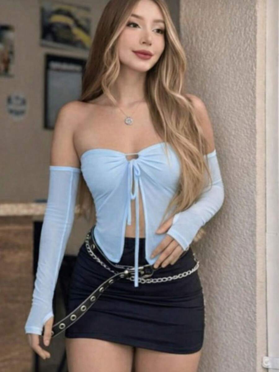 Strapless, Off-The-Shoulder Cropped Top With Padded Cups And Glove Sleeves. - Baby Blue - View 1