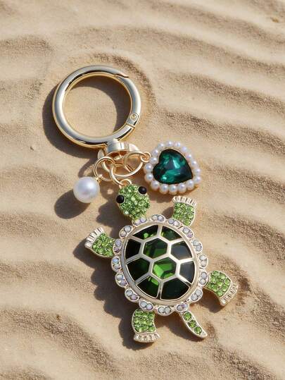 Sea Turtle Charm Keychain With Pearl & Heart Design, Ocean-Inspired Zinc Alloy Keyring For Men & Women, Ideal For Valentine's Day, Mother's Day, Father's Day, Independence Day, Beach Lovers, Cute & Durable Keychain For Bags, Car Accessories, Gifts For Friends & Family, Rhinestone Sea Animal Pendant