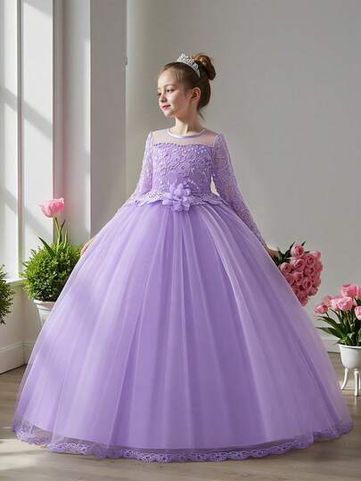 Tween Girls Long Sleeve Solid Color Lace Trim Faux Pearl Beaded Mesh Elegant Flower Girl Dress, Suitable For Birthday, Dance, Party, Hosting Banquet, Does Not Include Headband