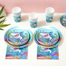可爱鲨鱼图案一次性餐具套装，7/9英寸派对餐盘，一次性纸盘、纸杯、餐巾纸，适用于节日、婚礼、订婚、生日、派对、庆典等场合。 - 多色 - 查看 4