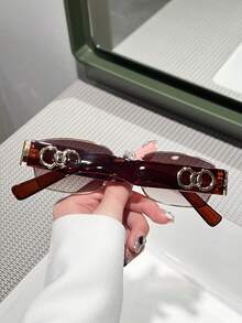 1pc Vintage Rectangular Frame Decorative Fashion Glasses, Women's Fashion Y2K UV Protection Beach Travel Party Gift, Suitable For Daily Wear - 酒紅色 - 查看 2