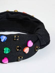 1 pieza Nuevo accesorio de diadema de verano con decoración de corazón de color caramelo, con incrustaciones de rhinestone y nudos, dulce y fresco, adecuado como accesorio de vestimenta para vacaciones en la playa de niñas - Negro - Ver 3