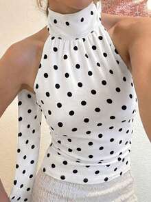 EARO Women's Black & White Polka Dot Camisole Tank Top, Regular Length, Non-Stretch Fabric Casual Summer - 白色 - 查看 1