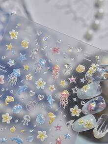 1 Stück 5D glänzende Ozean-Serie Nagelkunst-Aufkleber, Seestern, Qualle, Delfin, Blase, Blume selbstklebende Nageldekoration-Aufkleber DIY - Verschiedenfarbig - Übersicht 2