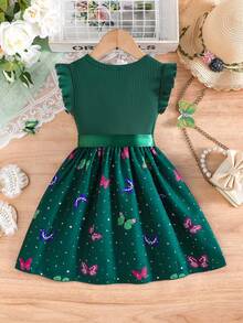 Girls' Elegant Cap Sleeve Ribbed Butterfly Pattern Dress, Summer - Dark Green - View 3