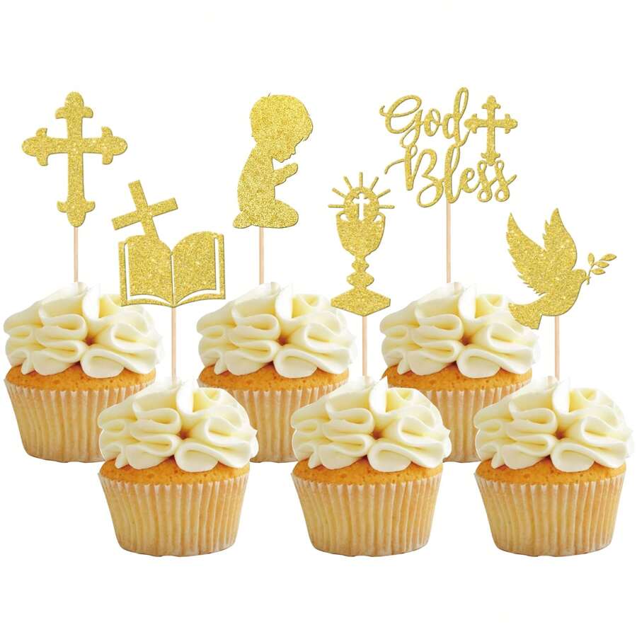 12pcs Paper Cake Decorations - Glitter Doves, Chalice, Bible, Christening, First Communion, Baptism, Baby Shower, Birthday Party Cake Decor - Multicolor - View 1