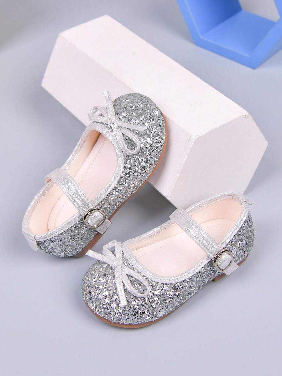 1 par de zapatos de princesa con lazo brillante y cierre de gancho y bucle para niñas, adecuados para fiestas, banquetes y todas las estaciones - Plateado - Ver 1