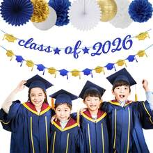 31pcs Navy Blue White Gold Graduation Party Decor Set Class 2026 Congrats Grad Banner Hat Hanging Streamers Celebration Backdrop For College High School Masters - Navy Blue White Gold Graduation - View 6