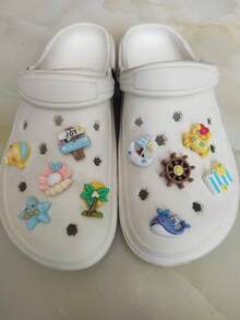 10件套海洋沙滩贝壳、鲸鱼、螃蟹、海星、字母、椰子树、帆船鞋饰，适用于木屐、沙滩鞋、凉鞋 - 彩色 - 查看 8