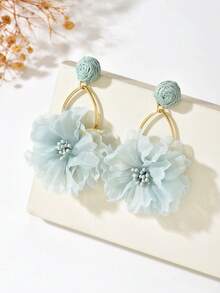 1 Pair Mori Style Sweet Fresh Floral Raffia Fabric Flower Tassel Earrings, Suitable For Women's Vacation And Daily Wear - Green - View 2