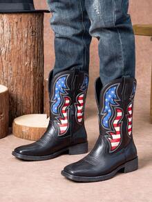 SHOESMALL Men's Black Cowboy Boots Western Boots Side Zipper American Flag Retro Square Toe Mid-Calf Boots For Men - 黑色 - 查看 2