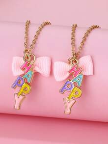 Bộ 2 dây chuyền mặt dây chuyền chữ "Happy" hình nơ hoạt hình thời trang cho trẻ em, thích hợp để đeo hàng ngày, làm quà tặng, dịp lễ. - Nhiều màu - Xem 2