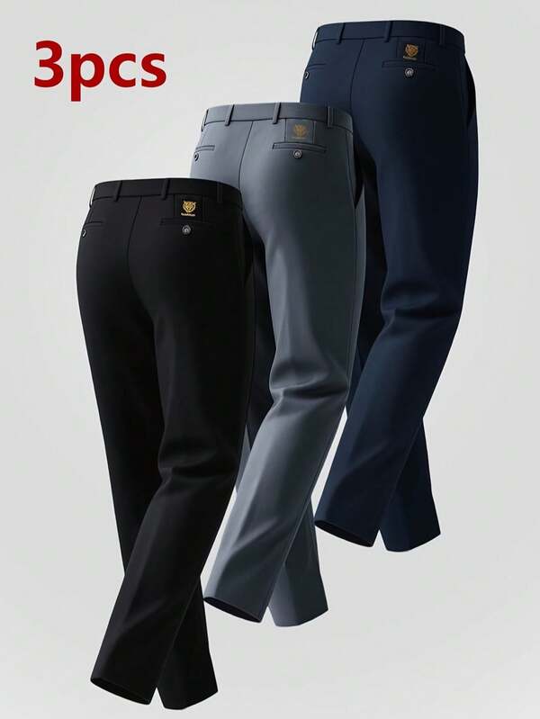 Bộ 3 quần tây nam công sở, gồm 3 màu xám, xanh navy và đen, có đai quần, kiểu dáng ống đứng, phù hợp cho cả dịp công sở và thường ngày.