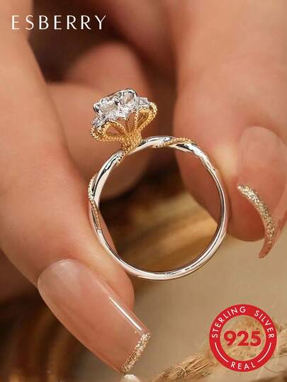 ESBERRY 1pc 1 Carat Light-Colored Moissanite Engagement Ring, S925 Silver Vine Bouquet Ring, Eternal Ring, Wedding Anniversary Ring, Luxury Jewelry Gift For Women, Bridal Jewelry, Diamond Ring