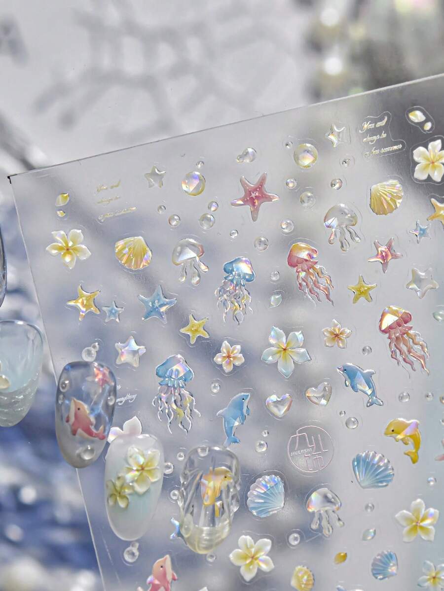 1张5D闪亮海洋系列美甲贴纸，图案包括海星、水母、海豚、泡泡和花朵，自粘式美甲装饰贴纸，DIY美甲贴。 - 彩色 - 查看 1
