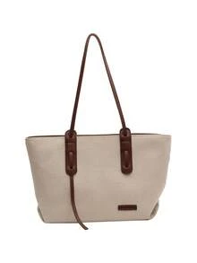 Bolsa Tote Versátil de Blocos de Cor de Grande Capacidade e Moda, Bolsa de Ombro Personalizada de Design de Nicho para Uso Diário, Bolsa Casual de Alça Simples, Adequada para Compras, Deslocamentos, Trabalho, Passeios Diários e Festas - Café - Visão 6