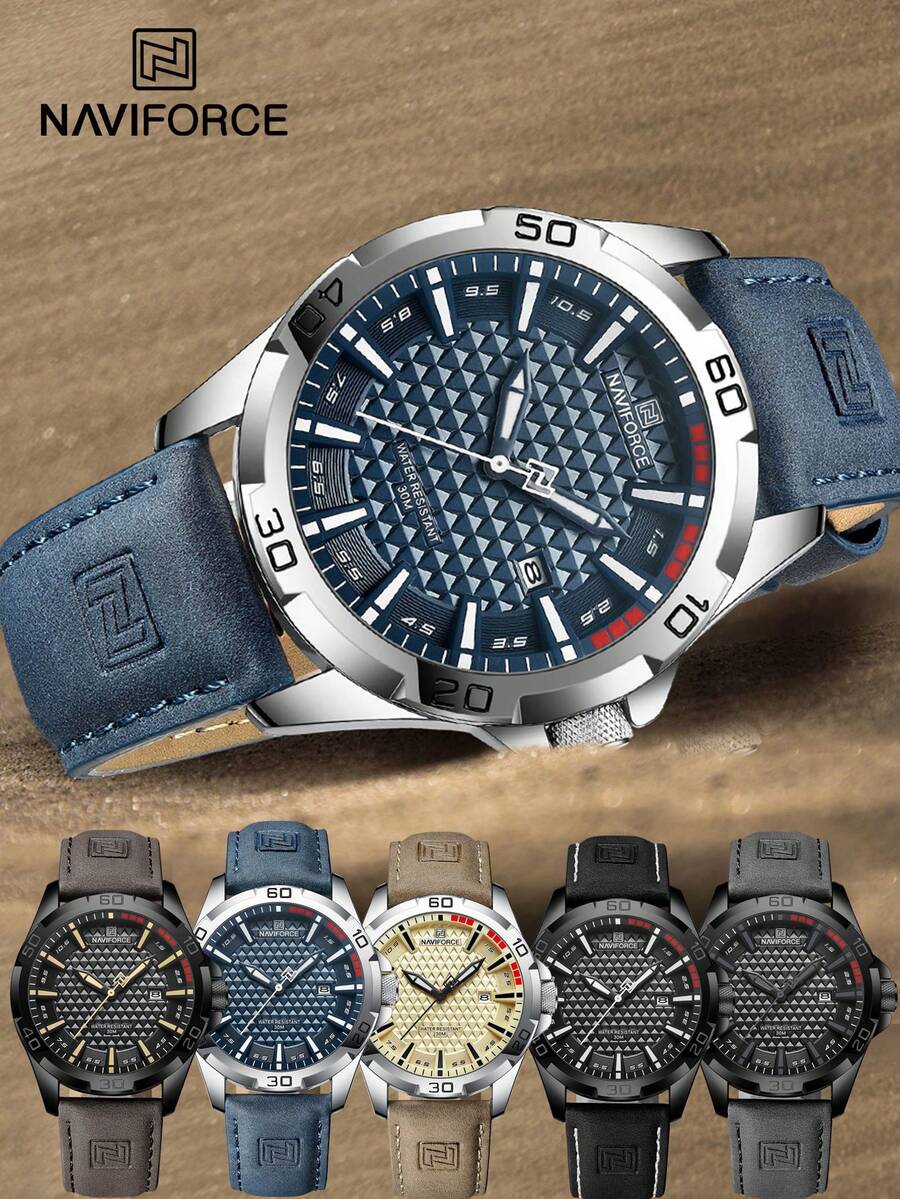 NAVIFORCE Fashion Men's Wrist Watch, Top Brand Luxury Waterproof, Genuine Leather Strap, Date Display, Quartz Sport Watch, Gift 8023