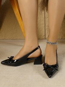 Women's Elegant Black High Heel Shoes With Bowknot, Pointed Toe Closed Toe Lacquered Leather Sandals, Chunky Heel Ankle Strap Mid Heel Shoes For Summer - Black - View 4