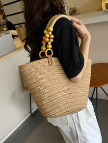 天然草编大容量手提包，拉链封口，法式度假风，手提包，春夏海滩/通勤/野餐，复古乡村风，单肩包，艺术旅行与摄影 - 卡其色 - 查看 7