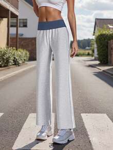 Womens Fold Over Yoga Pants Low Waist Contrast Color Wide Leg Flare Pants Sweatpants Fall Clothes - Ash - View 5