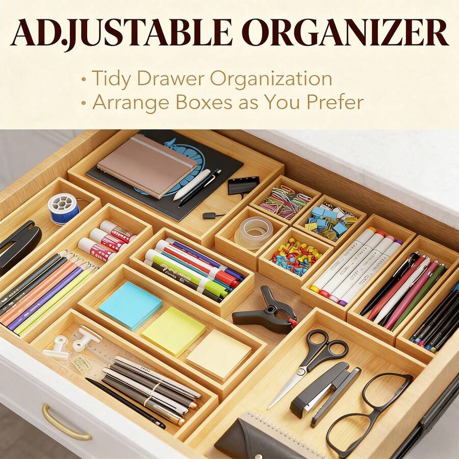14-Piece Bamboo Drawer Organizer Set, Wood Tray Junk Drawer Organizers With Multi-Use Divider Bins For Kitchen, Bathroom, Office Desk, And Makeup Organization (Natural, 14 Pack) - 查看 1