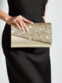 REMANLAND Bolso de mano de noche brillante, bolso de sobre elegante y de moda, bolso de mano para fiesta de boda de señoras - Dorado - Ver 2