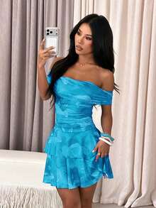 1pc Bright Color Floral Print Pleated Sleeveless Summer Dress - Light Blue - View 4