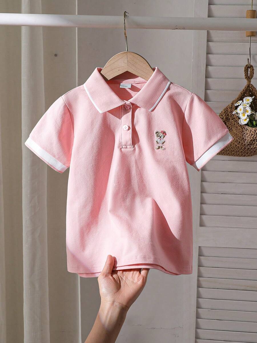 Polo de manga corta para niñas, nuevo diseño de estampado de oso estilo coreano, parte superior versátil - Rosa - Ver 1