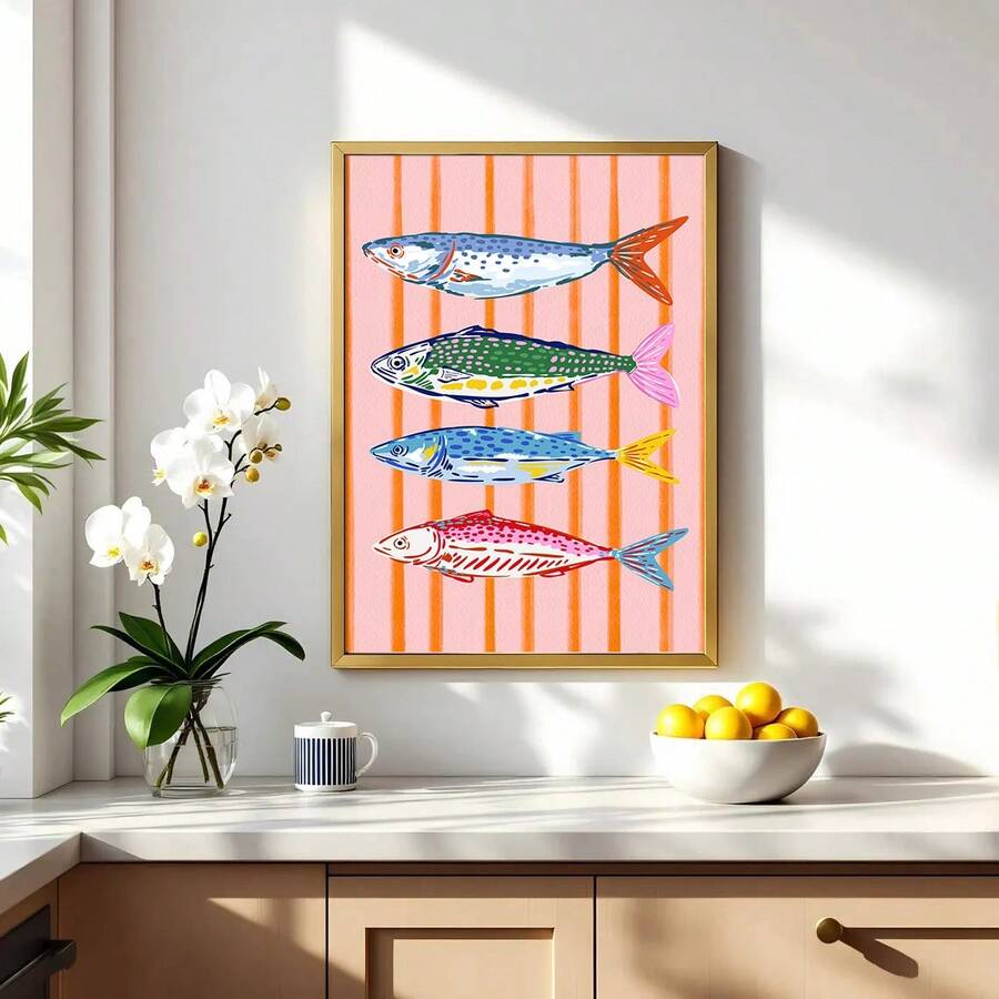 Tranh canvas in hình cá, hải sản nhiều màu sắc, cá mòi sọc, có khung/không khung, phong cách tối giản, trang trí nhà cửa hiện đại, thích hợp cho căn hộ, phòng khách, phòng ăn. - A - Xem 1
