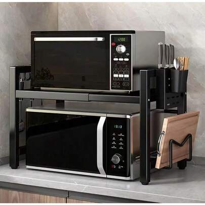 Extendable Microwave Oven Rack, 15.7~24.8" L Expandable Microwave Stand With Storage Shelf Heavy Duty With 6 Hooks And Chopsticks Cutting Board Holder For Kitchen Countertop